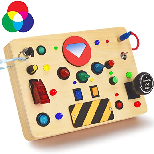 Image of POLKRANE Busy Board with LED Light - Toddler Toys for 1+ year old Boy and Girl, 1-3 year old boy gifts, sensory toys for toddlers 1-3 montessori busy board, light switch toys for toddlers