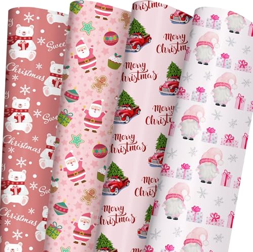 Gleemix Rosa Geschenkpapier Weihnachten 8 Stück Weihnachtsgeschenkpapier 50x70 cm Weihnachts Geschenkpapier mit Weihnachtsmann Gnom Rustikale rote Lastwagen Eisbär Motiv