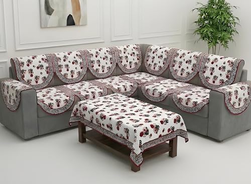 Image of Fab Nation Sofa Cover L Shape 6 Seater with Corner L Type Fully Covered Sofa Set for Living Room | Cotton Sofa Slipcovers for 3 + 3 Seaters Cover with 2 Arms + 1 Table Cover | Garden Pink