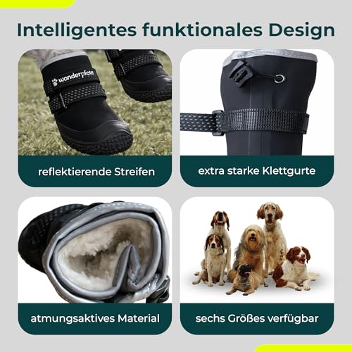 Wanderpfote Hundeschuhe im 4er-Pack – Wasserdichter Pfotenschutz für draußen mit Anti-Rutsch-Sohle, kuscheligem Fleece & reflektierenden Details (Schwarz, 5)
