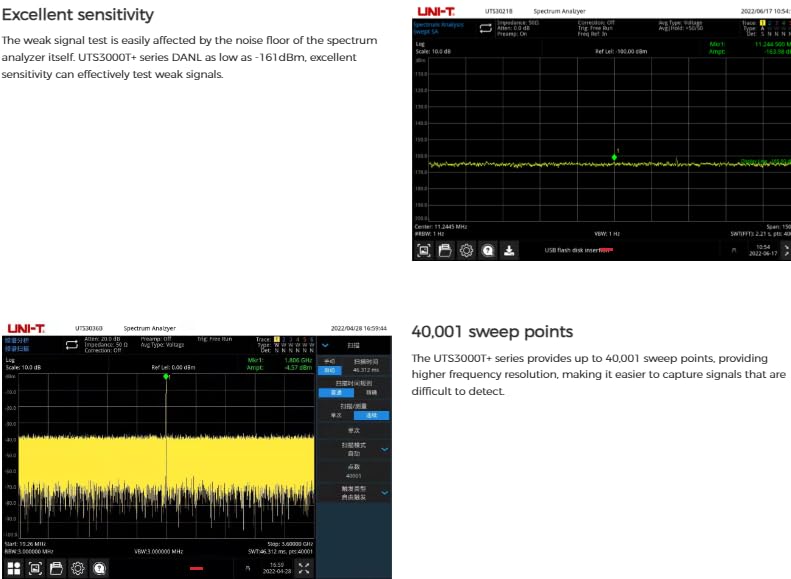 Analizador de espectro UNI-T UTS3015T+ | Rango de frecuencia 9 kHz-1,5 GHz, 1 Hz – 1 MHz RBW, -98 dBc/Hz a 10 kHz ruido de fase, -161 dBm DANL, pantalla táctil TFT LCD de 10,1 pulgadas, con TG