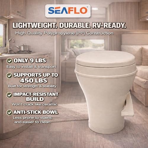 Image of SEAFLO Bone RV Toilet, Residential Height 18.4 inch, Gravity Flush Foot Pedal, Soft Close Seat, Camper Toilet for RV Motorhome Travel Trailer, Parchment, SFRTPH-02-01, 4-Year Warranty