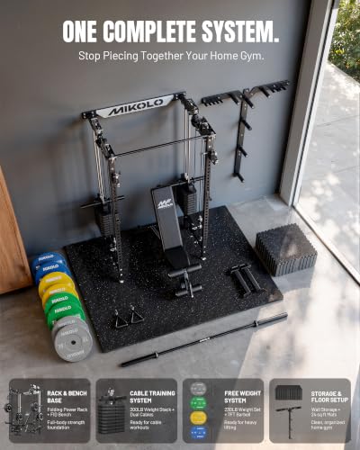 Image of Mikolo Folding Squat Rack, Wall Mounted Power Rack with Cable Crossover Machine & LAT Pull Down, Functional Trainer with 5 Adjustable Function Modes, Home Gym Package