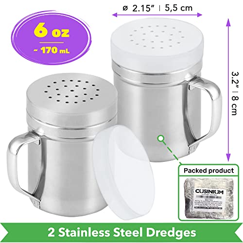 Image of CUSINIUM Metal Salt Pepper Cooking Dredge Shakers - With Handle - Seasonings Spice Shakers With Holes and Lids - 6 Ounce, 2pcs | Style: Medium
