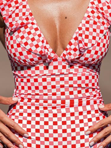CUPSHE Damen Badeanzug Rüschen V Ausschnitt Monokinis Bauchweg Einteilige Bademode Swimsuit Rot Rosa Karo L 4