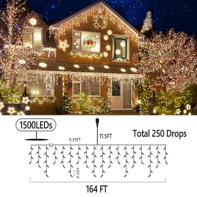 164 FT Christmas Lights Outdoor Decorations 1500 LED 8 Lighting Modes with Timer Memory Waterproof Fairy String Light