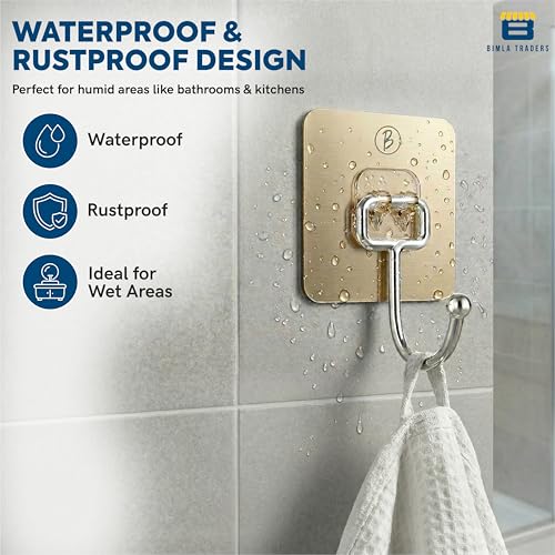 Image of Self Adhesive Long Wall Hooks |No Damage, Easy Installation |Waterproof and Oilproof Stainless Steel Hangers for Bathroom Shower Door Outdoor Home Improvement Utility Hook | (Gold, Pack of 10)