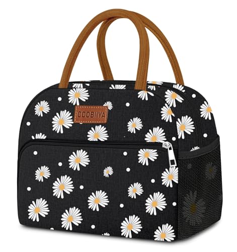 Coobiiya Lunch Bag Lunch Box for Women Men, Reusable Cute Lunchbag - Leakproof, Adult Insulated Lunch Box Tote with Large Capacity, Cooler Container for Work, Travel, Office (Black Daisy)