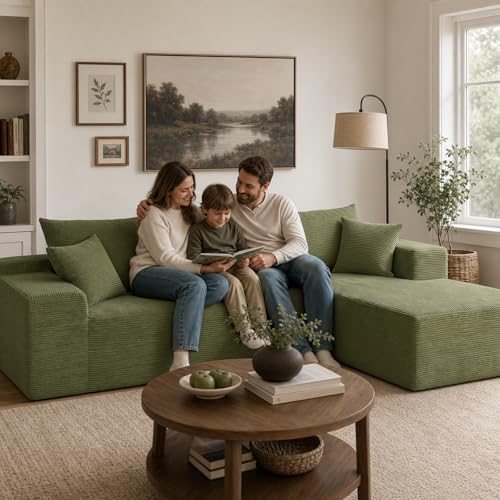 Image of Boneless Couch, 102.4 inch Sectional Couches for Living Room with L Shape Sofa | Cloud Couch Sectional with Chaise, Modular Cloud Sofa with Deep Seat, No Assembly, Green, Corduroy, Right Chaise