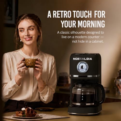 Image of Nostalgia Classic Retro 10 Cup Coffee Maker - One-Touch Drip Brew, Reusable Filter - Anti-Drip, Auto Shutoff, & Time Display - Dishwasher Safe 50 oz Carafe - Black