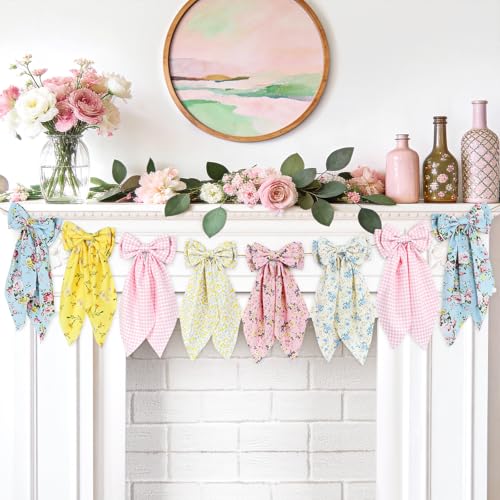 Floral Bow Garland Pink Gingham Fabric Bow Banner Vintage Spring Flower Bows Hanging Garland for Mantel Wall Decor Garden Floral Baby Shower Birthday Wedding Flower Tea Party Decorations