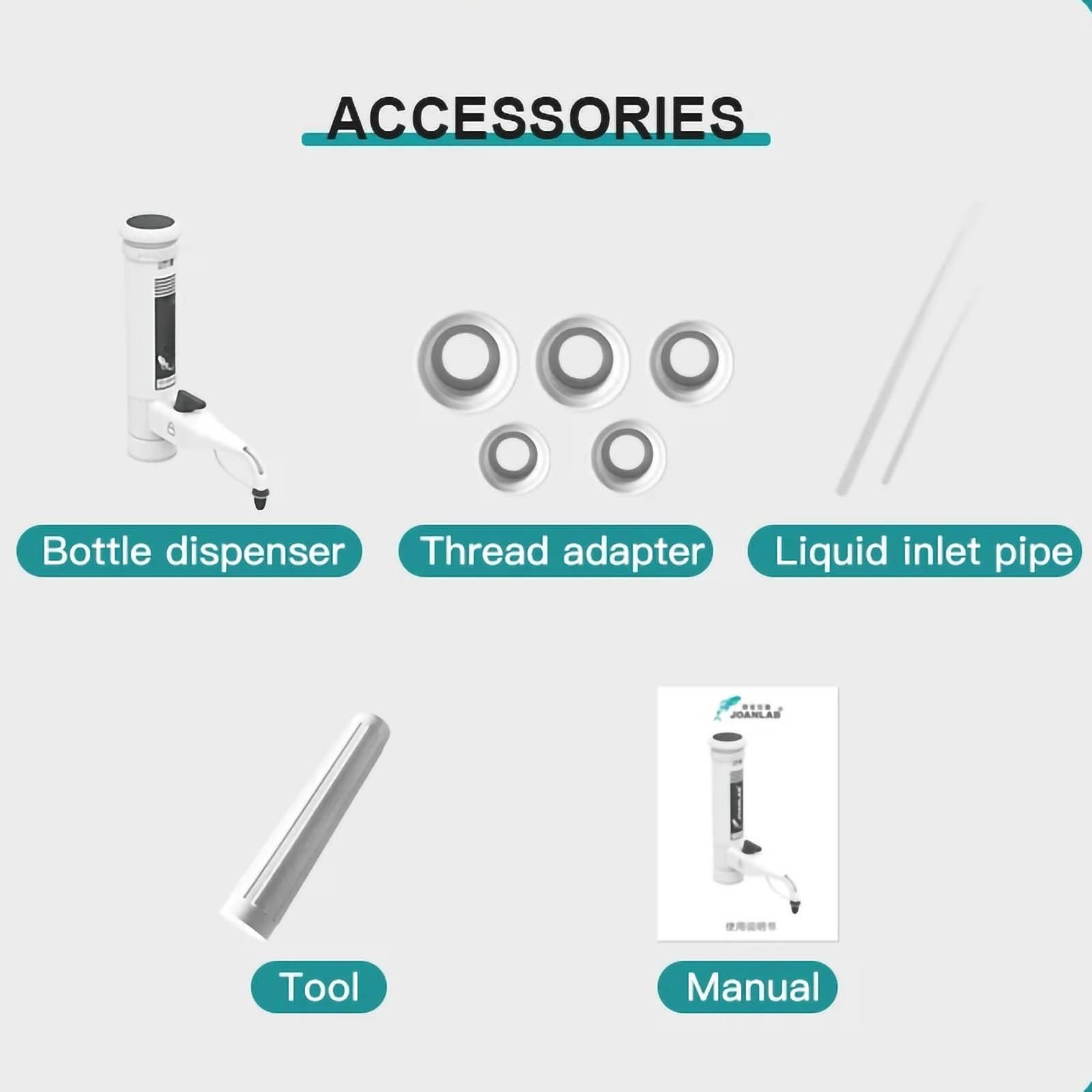 Dispensador de botellas de laboratorio: capacidad de 0,5 a 60 ml, válvula doble, ajuste de engranaje, 5 adaptadores de rosca, pantalla de escala for investigación(10-60ml)