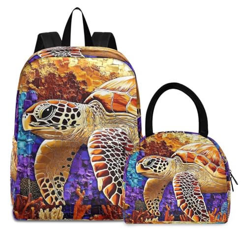 Backpack Lunch Bag Set Art Sea Turtle Print, Big Storage Travel Backpacks with Insulated Lunch Box for Office Hiking Picnic