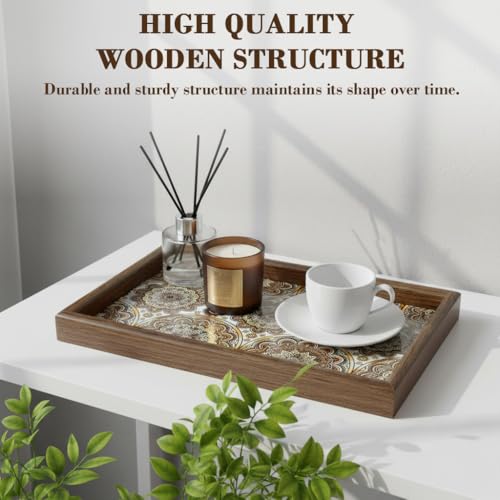 Image of HASTHIP 1-Pack Entry Wooden Organizer Tray Jewelry Storage Tray Retro Mandala PU Leather Liner Wooden Shallow Storage Tray for Keys Coins Jewelry and Daily Essentials, 30x20x2.5cm
