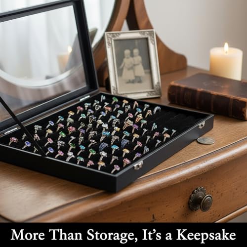Elsjoy 2 Pack 100 Slots Ring Organizer Box with Transparent Glass Lid, Large Ring Display Case Black Velvet Ring Holder Tray, Ring Jewelry Showcase Display Box - Image 6