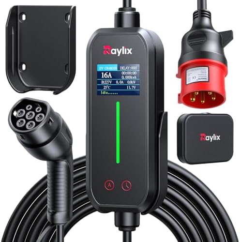 Raylix 2026 Neu 11kW Mobile Wallbox Typ 2 Ladekabel (7m 8A-16A 3-Phasig) mit Stromzähler & Einstellbarem Strom & Verzögertem Laden, Ladekabel CEE 16A auf Typ 2 und Ladestation Lade