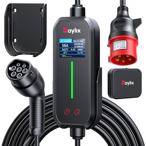 Raylix 2025 Neu 11kW Mobile Wallbox Typ 2 Ladekabel (7m 6A-16A 3-Phasig) mit Stromzähler & Einstellbarem Strom & Verzögertem Laden, Ladekabel CEE 16A auf Typ 2 und Ladestation Ladeziegel EV Charger