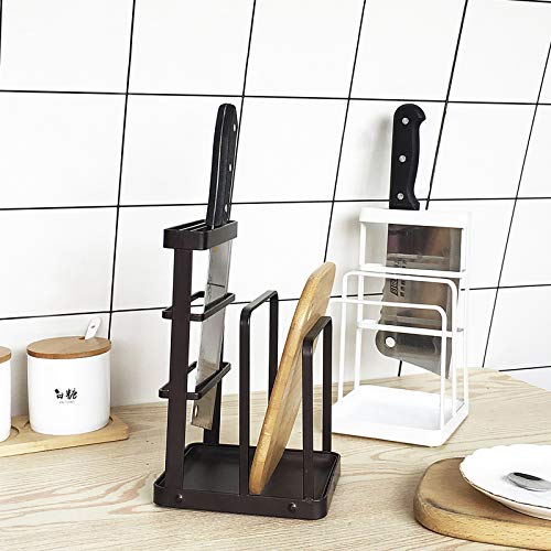 Vanra Metal Steel Cutting Board Holder Knife Block Kitchen Organizer Pantry Bakeware Rack Pan Pot Cover Lid Rack Stand With Draining Tray (Brown) #TOP4
