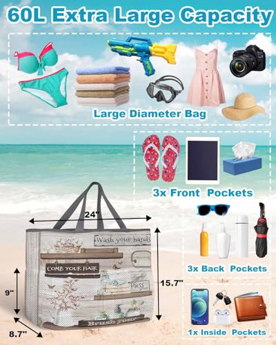 Mesh Beach Bag Oversized Tote Bags for Women Bathroom Bottle Butterfly Jar Roll Paper Large Bags for Travel Pool Grocery3