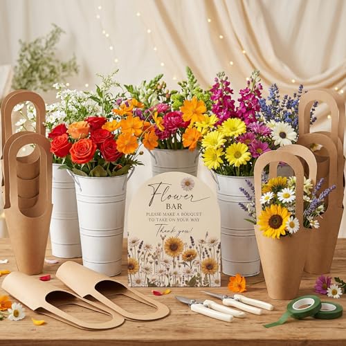 47PCS Flower Bar Buckets Set, Bloom Bar Supplies with Buckets, Wooden Sign, Kraft Paper Bags, Floral Tape & Flower Shears for Bridal Shower, Baby Shower, Birthday, Garden Party DIY Bouquet Station