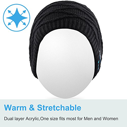 Rotibox Rechargeable Bluetooth Audio Beanie Hat Fashional Double Knit Skully Cap w/Wireless Stereo Headphone Headset Earpiece Speakerphone Mic for Sports Skating Hiking Camping - Black