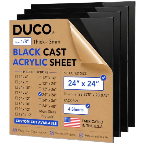 Duco 1/8" Black Cast Acrylic Sheets, 24"x24" Plexiglass Sheets, 4 Pack