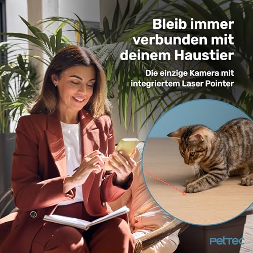 PetTec® Pet Cam Laser - Haustierkamera mit App [OHNE ABO-Falle] - Katzen Kamera Zuhause mit Bewegungserkennung & Nachtsichtfunktion - 4MP Rundumblick 360° Schwenken & Neigen - Katzenspielzeug