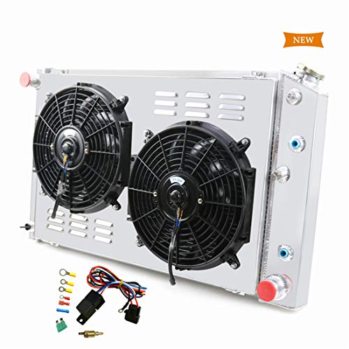 Primecooling 52MM 3 Row Core Aluminum Radiator +Fan (12 Inches Dia.) w/Louver Shroud for Chevy/GMC,C10 C20 C30 K10 K20 C/K 1970-87