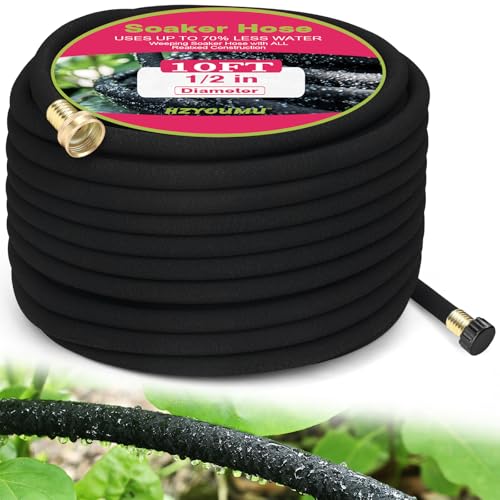 HZYOUMU Round Soaker Hose 1/2 Inch x 10 FT Heavy Duty Leak-Proof Brass Connectors Premium Upgraded Material Efficient Root Watering & Water Saving Easy Installation for Garden Lawn & Plants