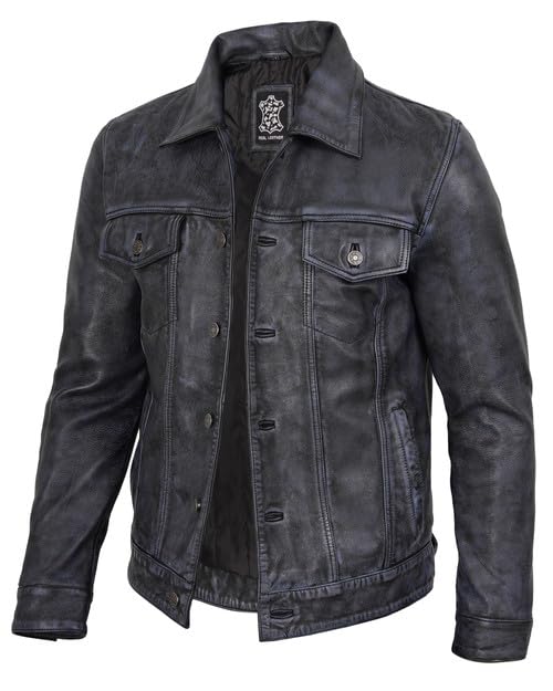 Trucker Leather Jacket Men - Vintage Style Real Lambskin Leather Jackets for Men with Button Closure