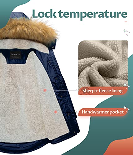 Creatmo Us Girl's Puffer Coat Mid Length Quilted Sherpa Lined Long Jackets For Kids Navy 10/12 #TOP2