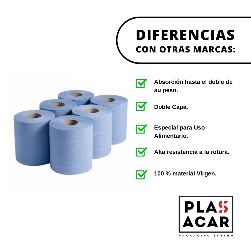 Bobina Papel Secamanos Mecha AZUL 100% Celulosa Virgen Pack 6 Unidades