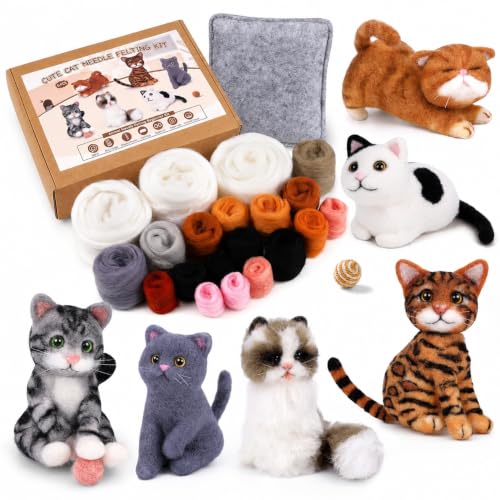 Image of Mayboos 6 Pcs Needle Felting Kit, Animal Needle Felting Beginner Kits Wool Felt Needle Felting Tools with Instruction for DIY Craft Animal Home Decoration (Cute Cat)