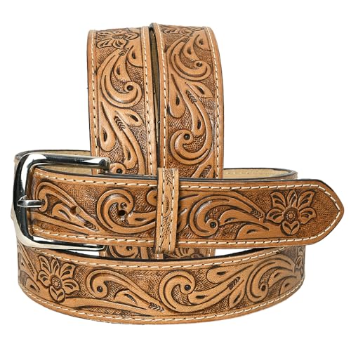 HILASON Western Genuine Leather Belt for Men Women Cowboy Cowgirl Handmade Unisex Full Grain Heavy Duty Floral Tooled