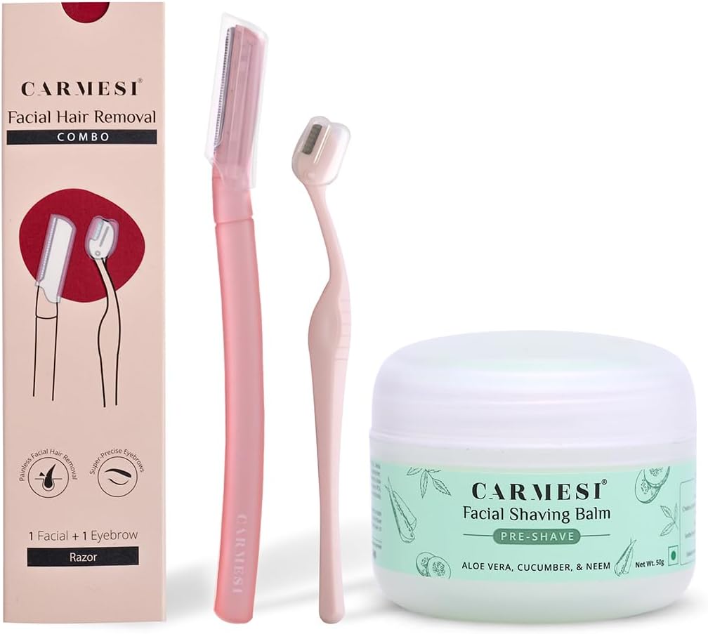 - Carmesi Women's Face Hair Removal Combo | 1 Face Razor, 1 Eyebrow Razor, 1 Facial Shaving Balm | Instant & Painless Hair Removal | For Eyebrows, Upper Lip, Forehead, Peach Fuzz, Chin and Sideburns