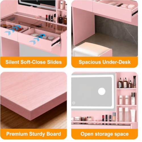 Image of Modern Makeup Vanity with LED Mirror, RGB Lighting, Glass Desktop and 2 Drawers, Small Space Vanity Desk for Women & Teen Girls, Pink Bedroom Dressing Table with Adjustable Lights