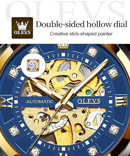 Image of OLEVS Men's Gold Skeleton Watch Automatic Mechanical self Winding Luxury Dress Stainless Steel Waterproof Luminous Wrist Watches