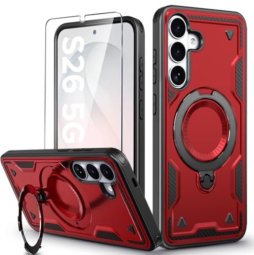Image of for Samsung Galaxy S26 Case Magnetic with Stand, with Mag-Safe, with Screen Protector, Wireless Charging, Shockproof for Samsung S26 5G Phone Case, Ring Holder Cover for Samsung S26 Red