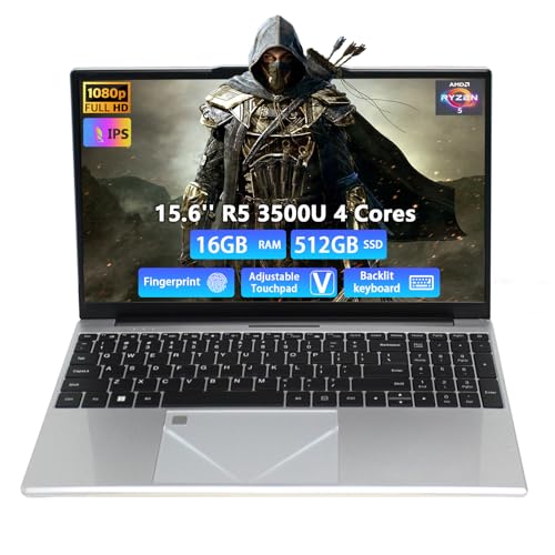 Breloom 2025 Gaming Laptop,15.6inch Laptop Computer with AMD Ryzen 5 3500U Processor, 16GB DDR4, 512GB SSD, FHD Display 1920 * 1080P, Win 11 PRO, Backlit Keyboard, HDMI Type-C (Silver, 16GB+512GB)