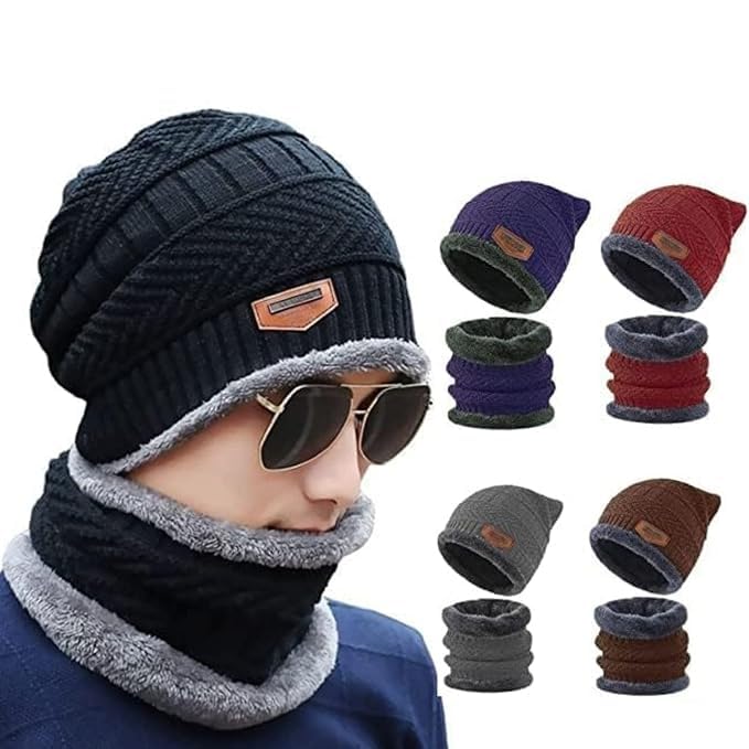 Woolen Winter Hat & Neck Warmer Scarf Set for Men & Women | Soft Velvet Lined Cap with Thermal Neck Scarf | Free Size Warm Winter Accessories