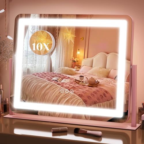 Image of FENNIO Vanity Mirror with Lights 22''x17'' Makeup Mirror,Vanity Mirror Touch Screen with 3-Color Lighting,Dimmable,for Vanity Desk Tabletop(Pink)