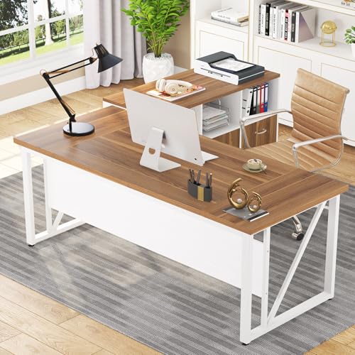 Tribesigns 63 inches Executive Desk and 47' lateral File Cabinet, L-Shaped Computer Desk Home Office Furniture Set with Drawers and Storage Shelves, Office Table with Cabinet (Walnut+White, 63)