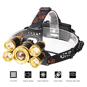 Image of Ultra Bright CREE LED Headlamp, 4 Modes Super Bright 12000 Lumen 5 LED Headlamp with Rechargeable Batteries, Car Charger, Wall Charger and USB Cable Great For Running, Camping, Hiking & More (gold