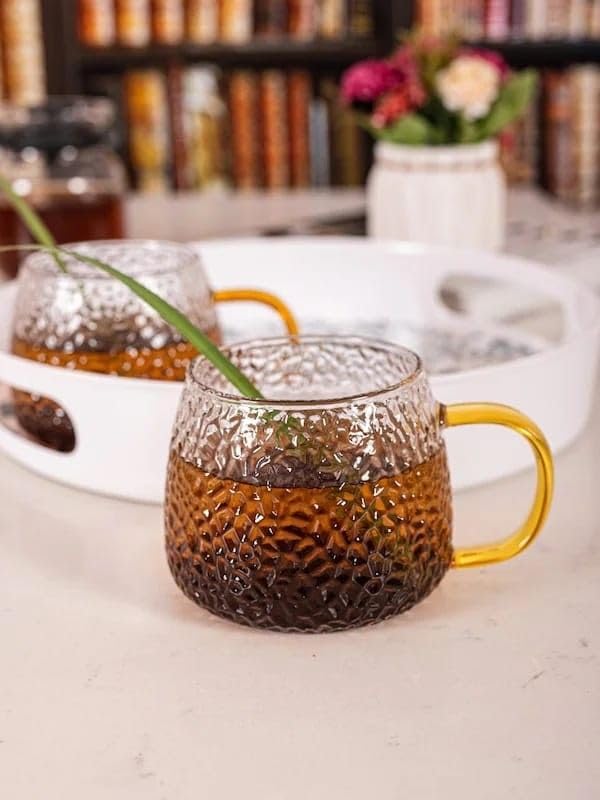 Image of PrimeWorld Golden Handle Glass Tea and Coffee Cups - Set of 2, 410ml | Premium Clear Glass Mugs with Elegant Gold Handle for Latte, Cappuccino, Espresso, Tea & Hot Beverages