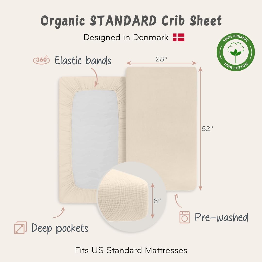 Danimarca - Lenzuola con angoli per culla in mussola super morbida, per ragazzi e ragazze, dimensioni standard per materasso per culla da 71 x 132 cm, 100% cotone biologico per il massimo
