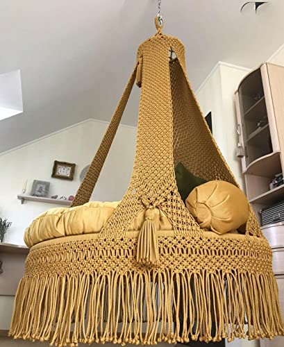 Image of KAAHIRA Bohemian Macrame Hanging Swing Chair- Aesthetic Cotton Rope Hammock for Indoor & Outdoor - Patio, Balcony, Bedroom, Living Room, Garden-Kids, Adults & Pets - Boho Decor (Yellow)