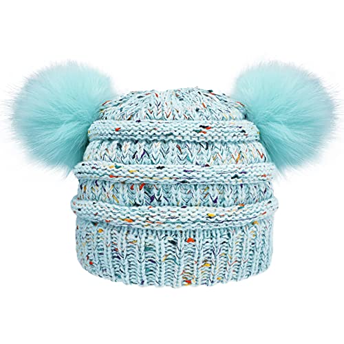Girls Rainbow Pom Pom Beanies Winter Fleece Lined Knitted Ski Beanie Hat for Kids 7-12 Years