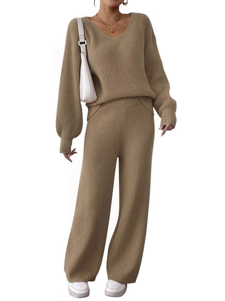 Conjunto deportivo de dos piezas para mujer, cuello en V, manga larga y pantalones de pierna ancha, conjunto de invierno de 2 piezas para mujer