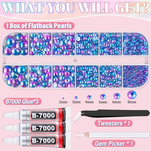 Image of Flatback Pearls for Crafting with 3Pcs 10ml B7000 Jewelry Glue, 1 Box of Half Round Blue Mermaid Pearls, Bedazzling Beads for DIY Crafts Clothing Tumblers Shoes Embellishment Nail Art