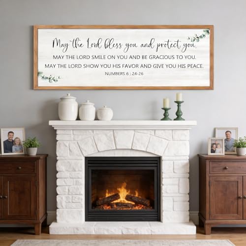 May The Lord Bless You And Protect You Christian Wall Decor, 40x15 Inch Framed Numbers 6:24-26 Bible Verse Wall Art, Large Religious Scripture Quotes Sign, Inspirational Home Decor Gift, Natural